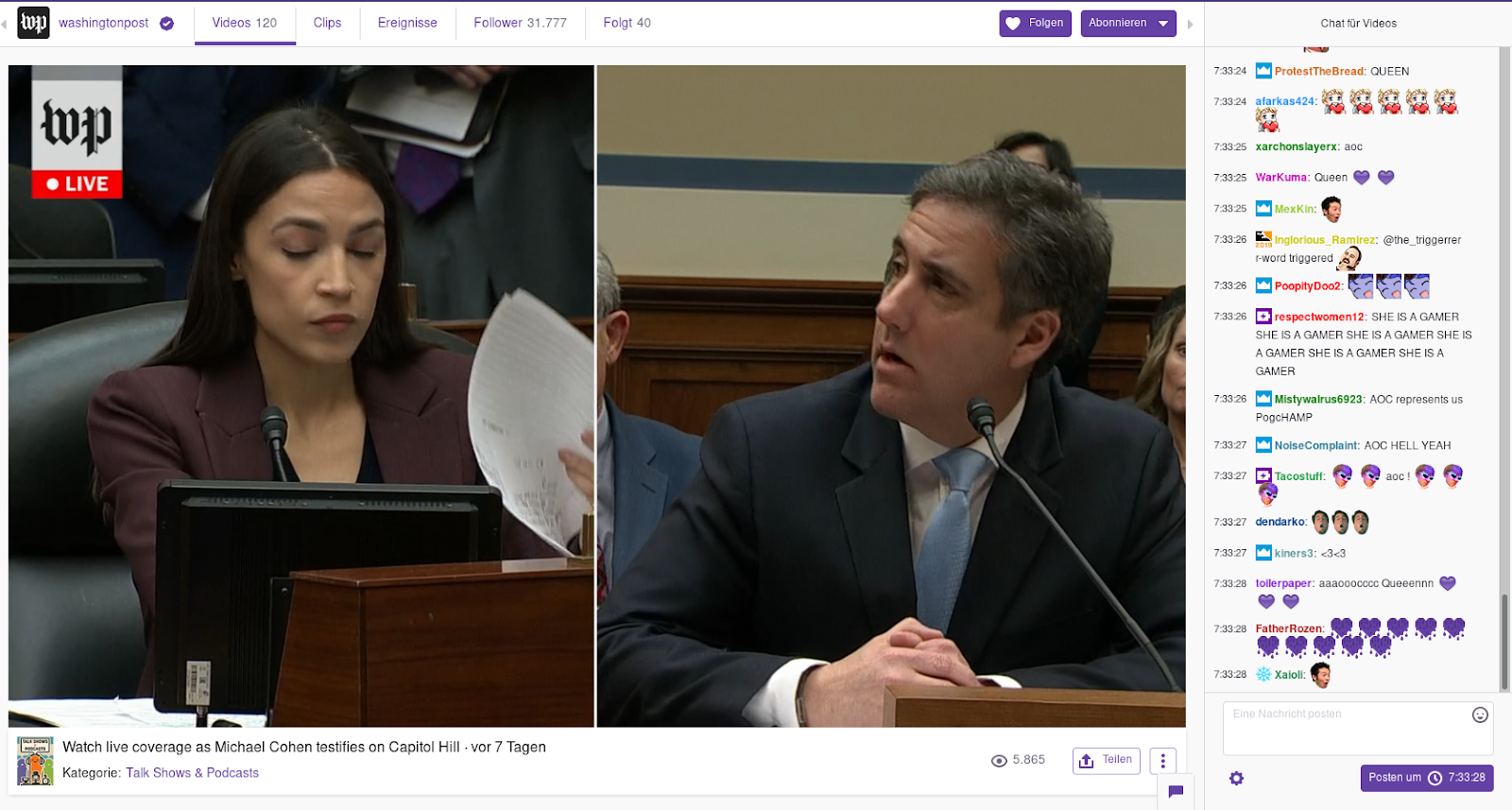 Fig. 2: Washington Post congress live stream of Michael Cohen’s testimony from Feb. 27, 2019, on Twitch.tv